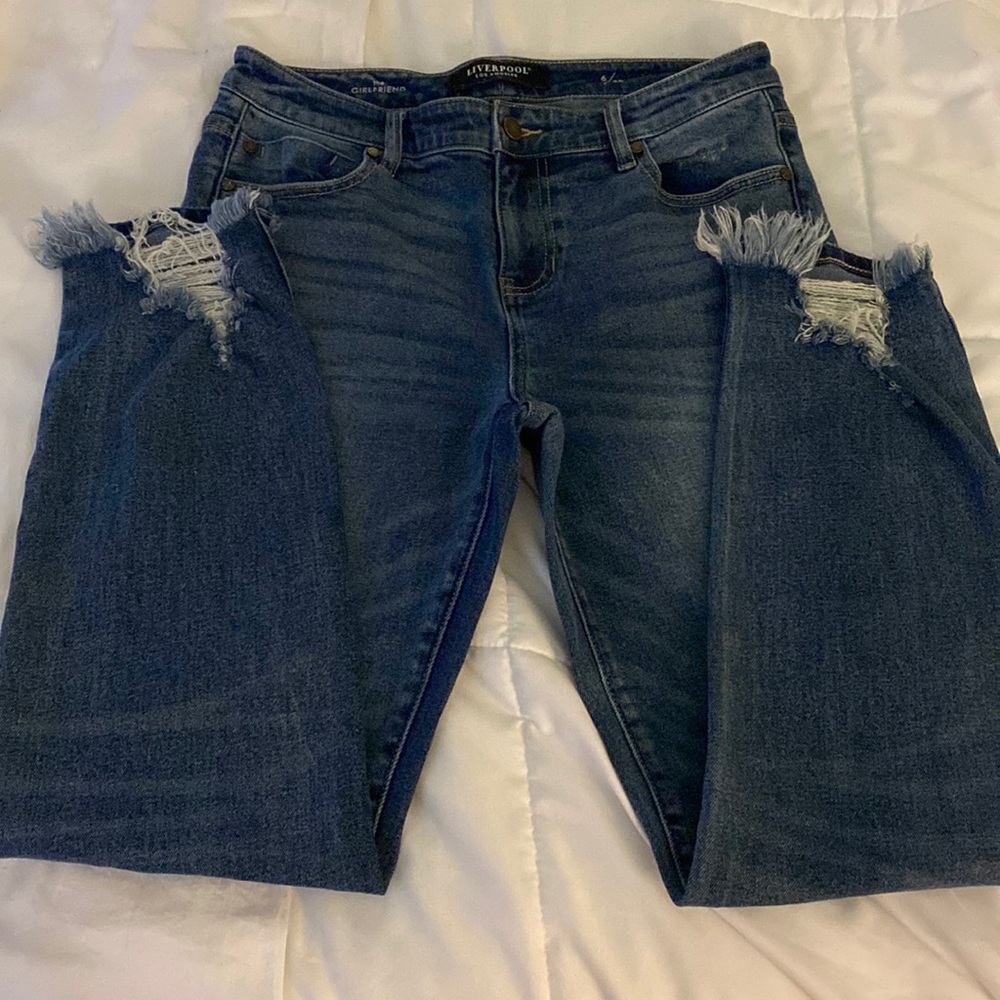 Straight leg lightly distressed girlfriend jeans